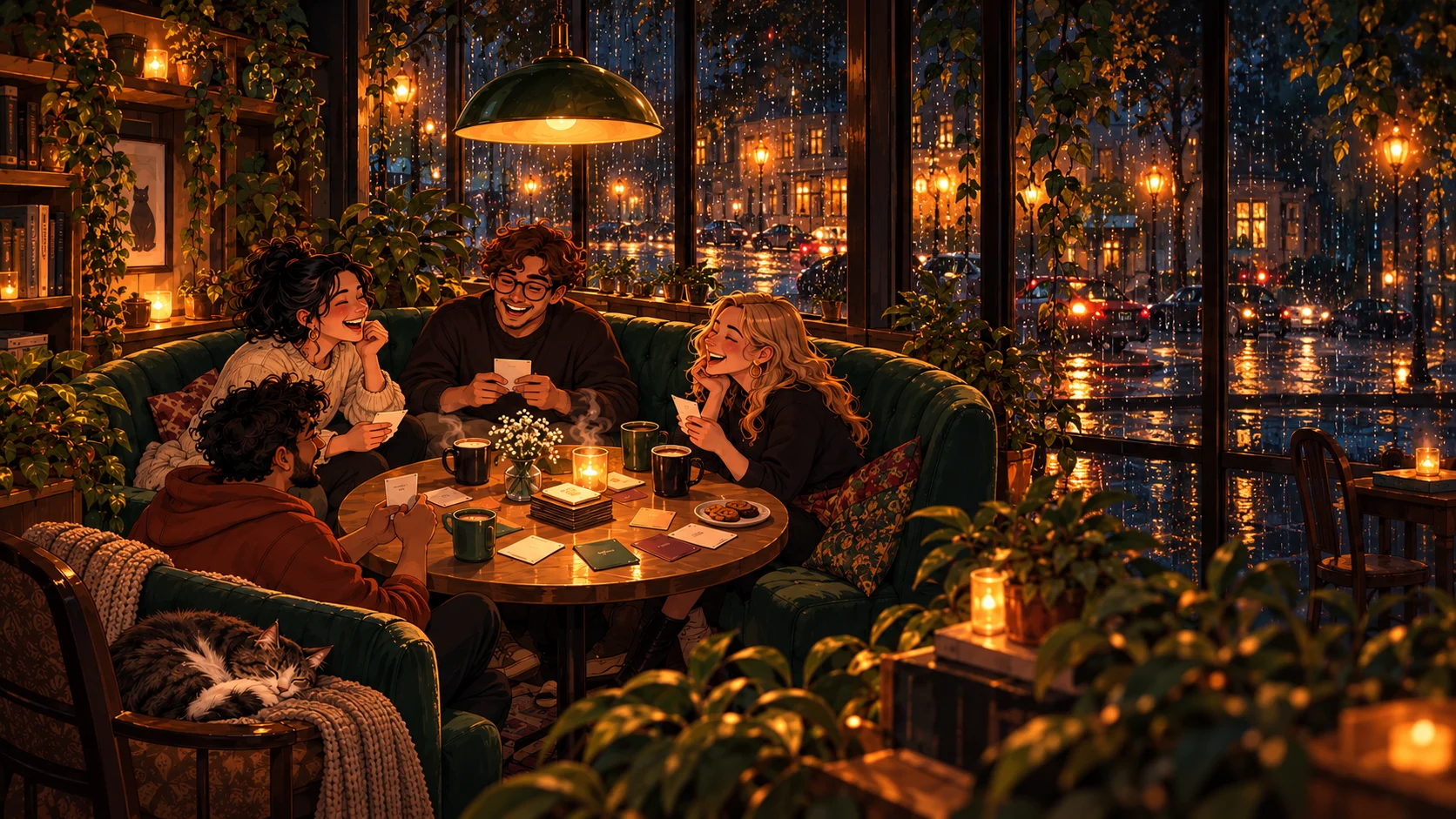 Four friends laughing over secret answers in a warm, rainy-night café.